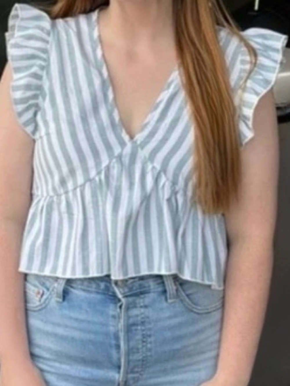 SHEIN Mint and White Striped Ruffle V-Neck Blouse